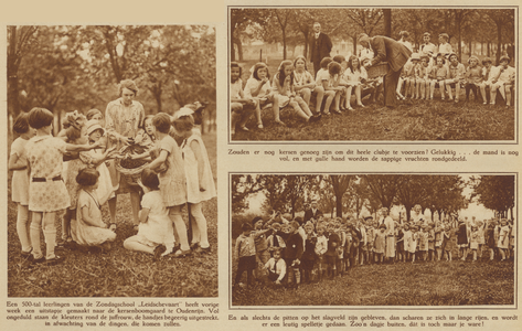 872648 Collage van 3 foto's betreffende een uitstapje van zo'n 500 kinderen van de Zondagschool Leidschevaart naar een ...